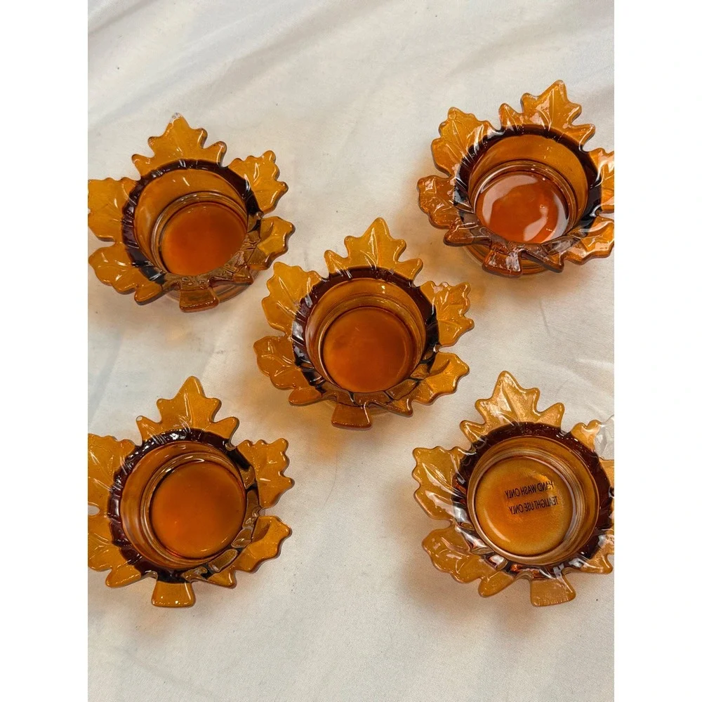 Amber Glass Maple Leaf Tea Light Candle Holders Set of 5 Fall Autumn Decor